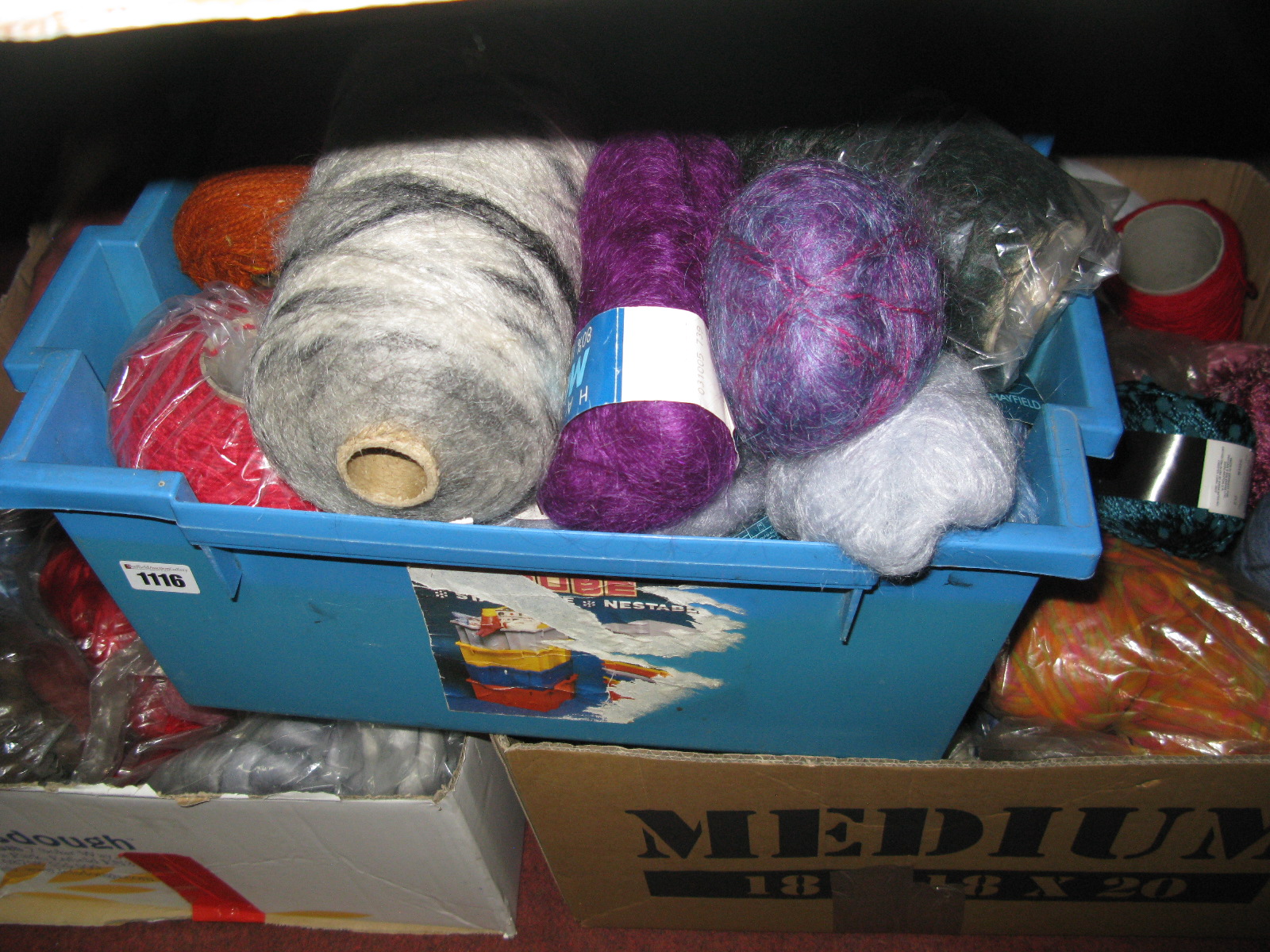 Three Boxes of Knitting Wool, including luxury mohair, Patons 'Evening Belle'.