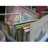 Two Etchings of Barlow Hall, other prints and various watercolours by Ruth Lamb etc:- One Box