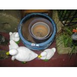 A Large Glazed Pottery Planter, in blue, diameter 44cm, further glazed plant pots and four cast