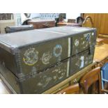 Oshkosh Metal Bound Suitcase, the interior fitted with five graduated drawers and hanging