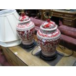 A Matched Pair of Modern Chinese Pottery Table Lamps, formed as ovoid jars and covers, decorated