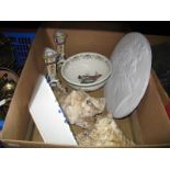 Portmeirion Bowl, pair of Delph candlesticks, plaster wall plaque, shells:- One Box