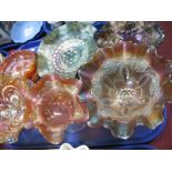 Amber, Green and Mauve Carnival Glassware:- One Tray