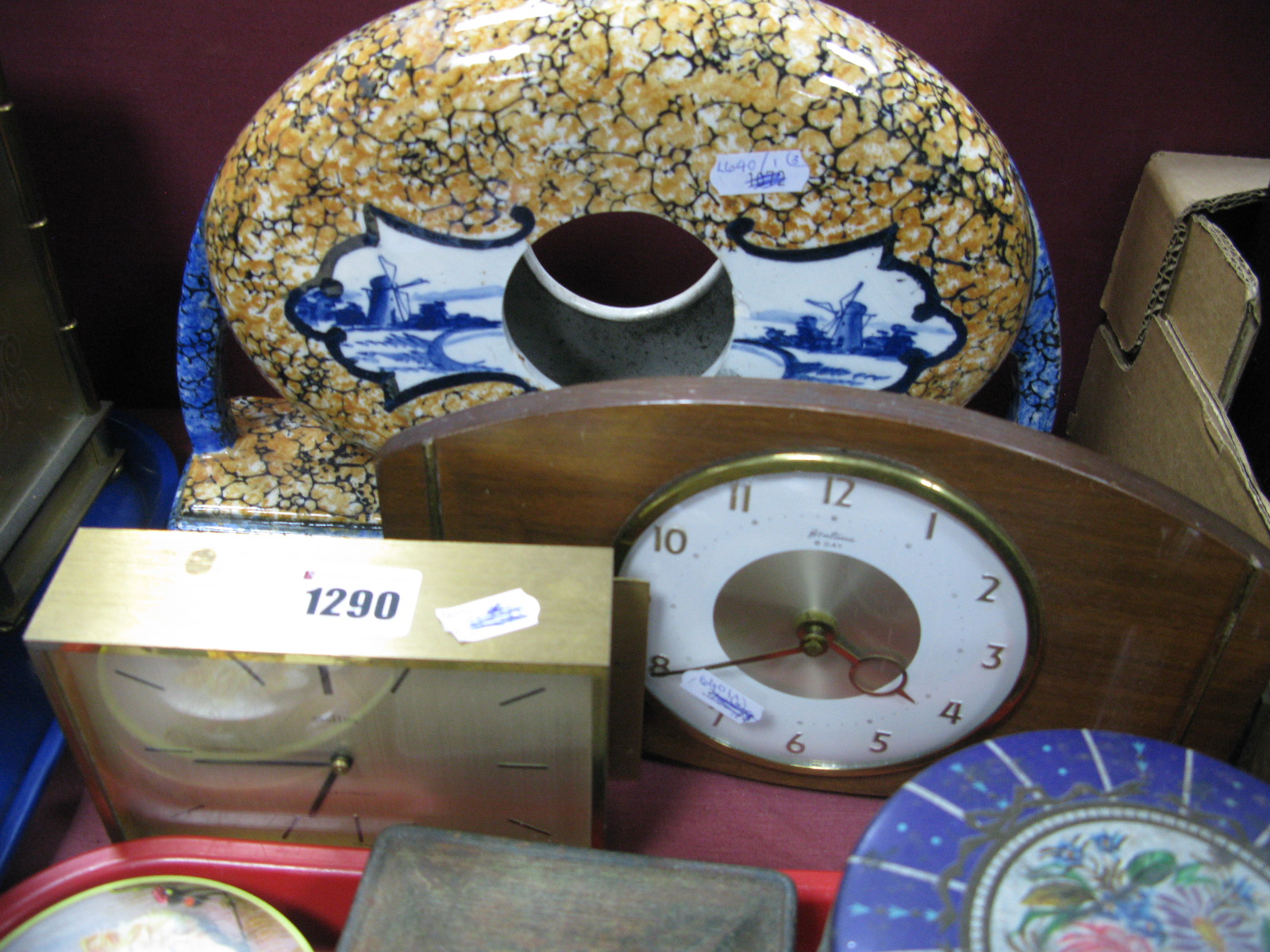 Bentima Eight-Day and Angelus mantel clocks, Delft mottled pottery clock case. (3)