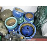 A Quantity of Modern Glazed Pottery Garden Planters (9), and a glazed garden spherical ornament. (