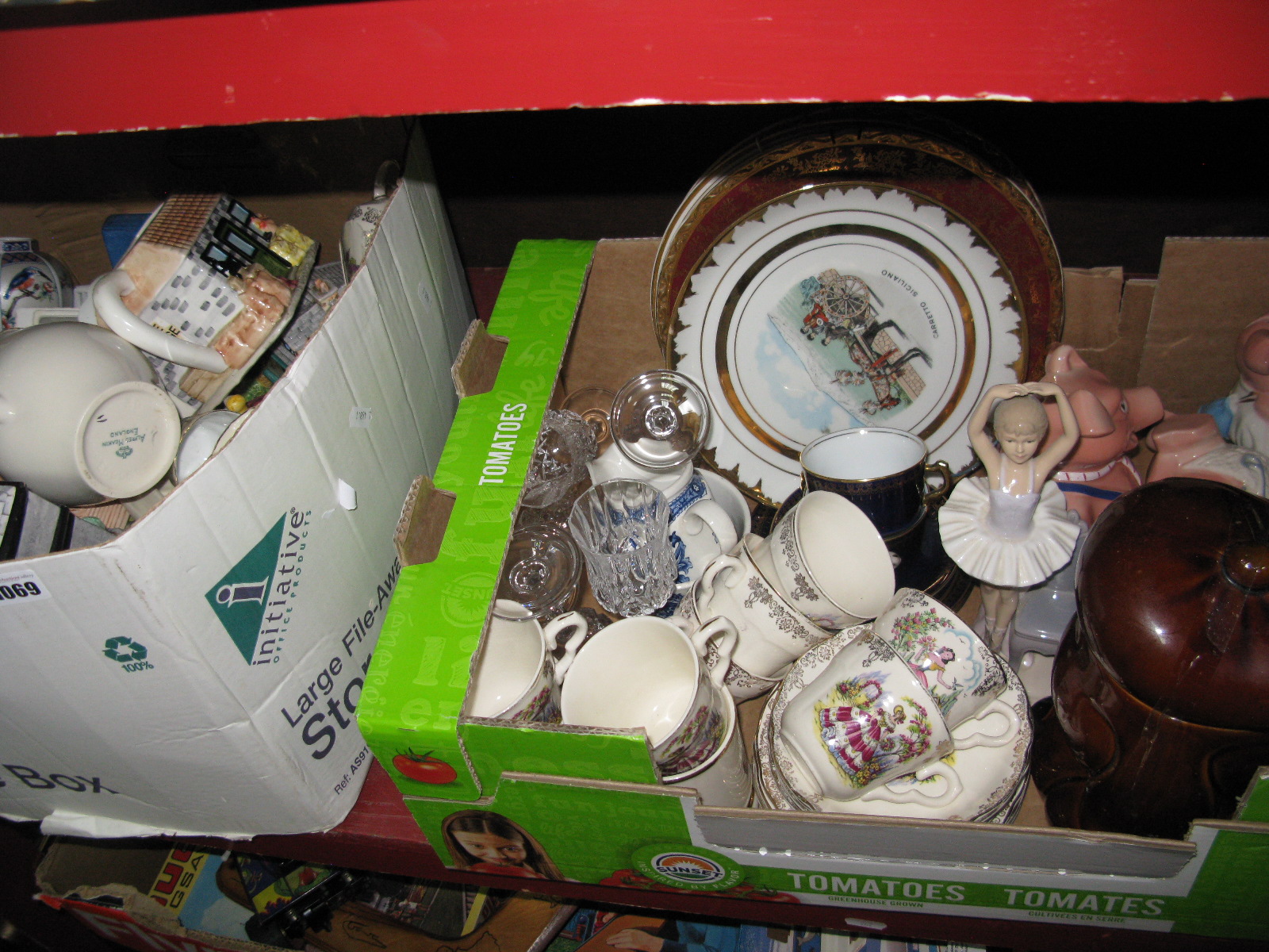 Teapots, Natwest pigs, china, glassware:- Two Boxes