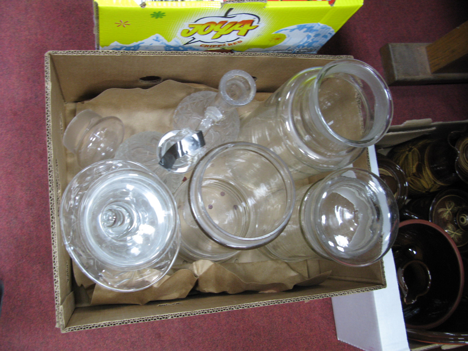 Three Pasta Jars, two decanters, rose vase:- One Box