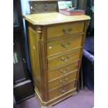 A Modern Pine Six Heights Narrow Chest of Drawers, canted and reeded ends, on plinth base.