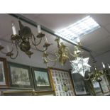 Three Brass Six Branch Ceiling Chandeliers, scroll branches and globular bosses and a 'Star'