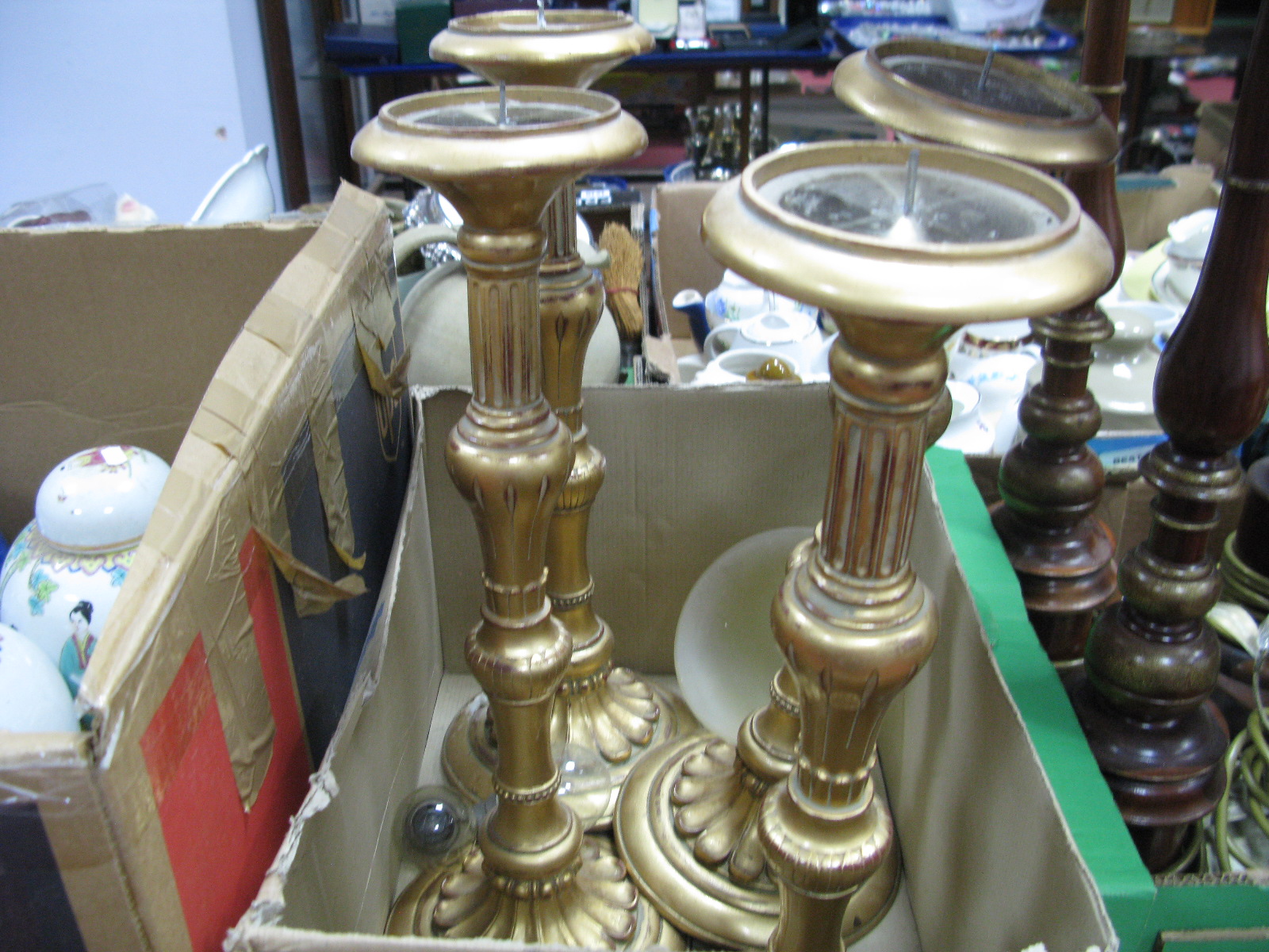 Turned Hardwood Table Lamps, antique effect foliate table lamps, candlesticks, including giltwood