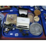 Platinum Pen Set, thimbles, bracelet watch, metal arrowhead, mineral egg, etc:- One Tray