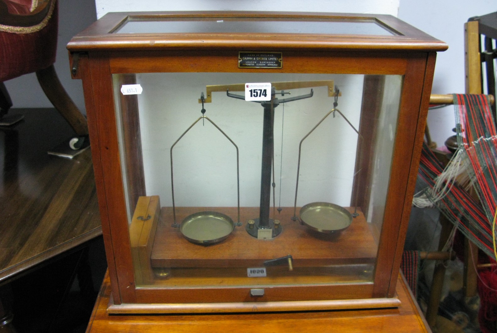 A Mahogany Cased Set of Chemists Scales, applied label 'Griffin and George Ltd'.