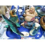 1930's Plaster Religious Figures, resin Buddah, pottery bird: -One Tray