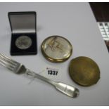 A Georgian Hallmarked Silver Fiddle Pattern Fork, crested; two ladies compacts, etc.