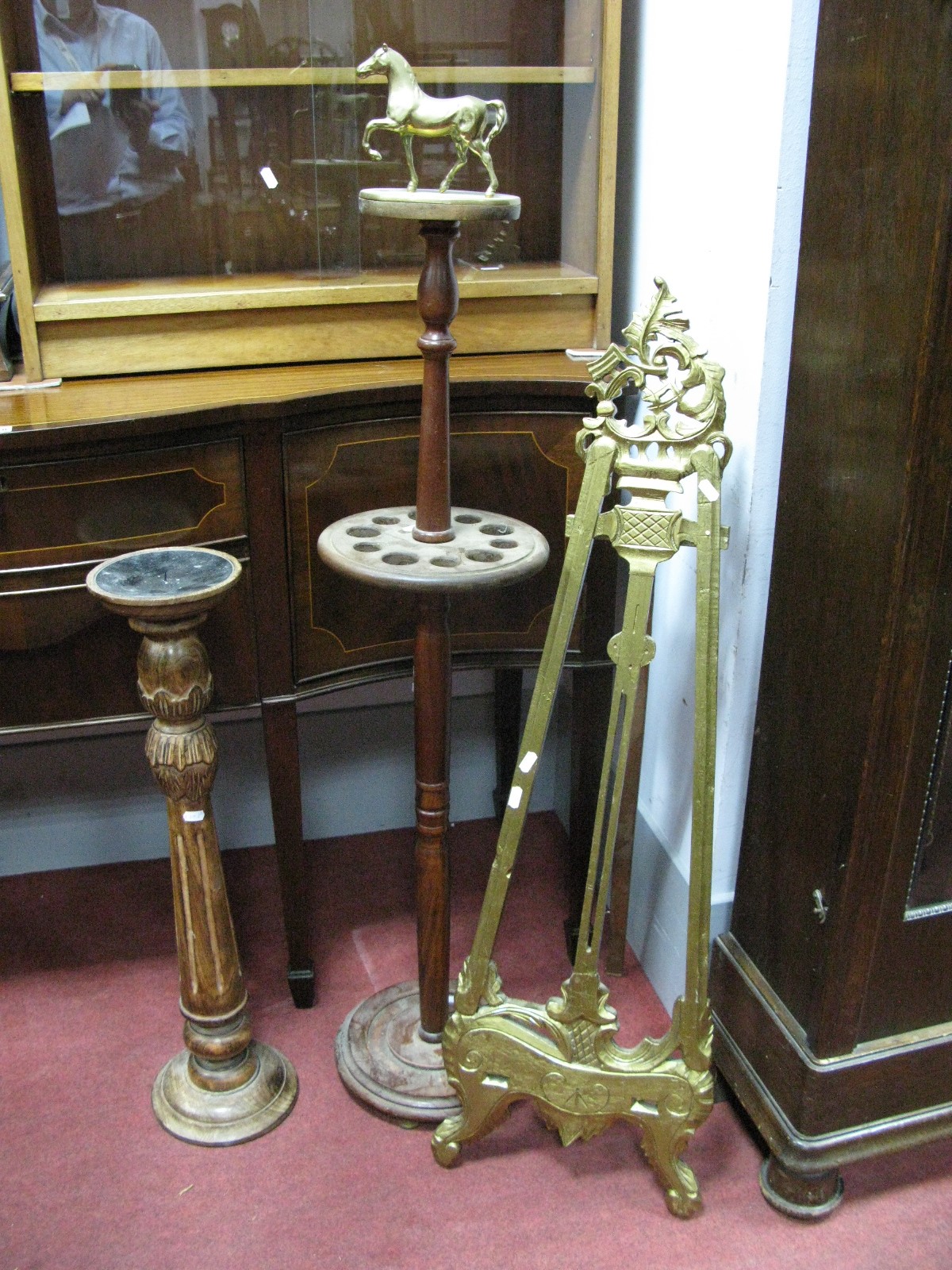 Gilt Painted Picture Easel, pricket candlestick, and a mahogany stick stand.