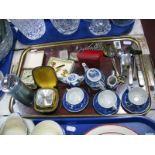 Dolls Willow Pattern Tea Set, vesta cases, table top lighter, cufflinks etc:- One Tray