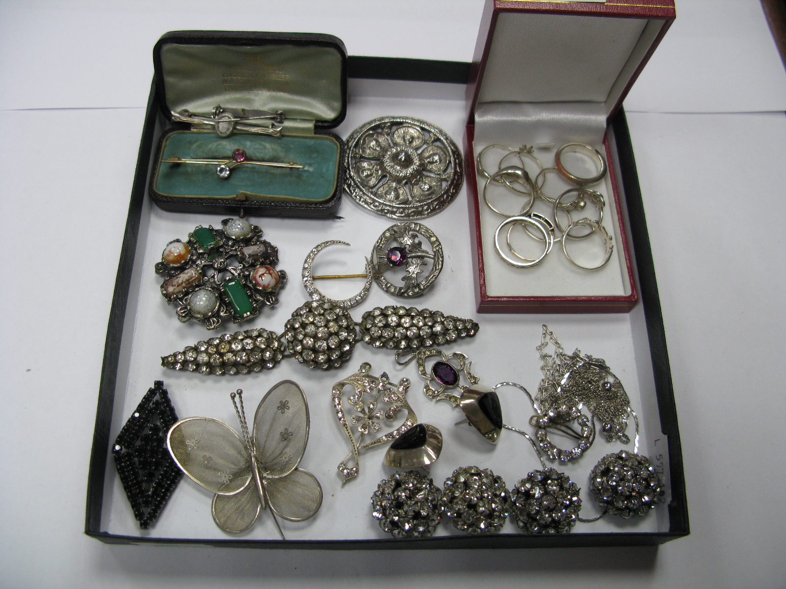 Diamanté Buttons, dress rings, brooches, Edwardian style pendant, etc.