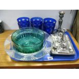 Plated Inkstand, silver mustard spoon, green glass fruit bowl, etc:- One Tray