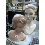 Female Mannequin Head, circa 1940's, in resin, (damages); another similar, possibly 1970's.(2)