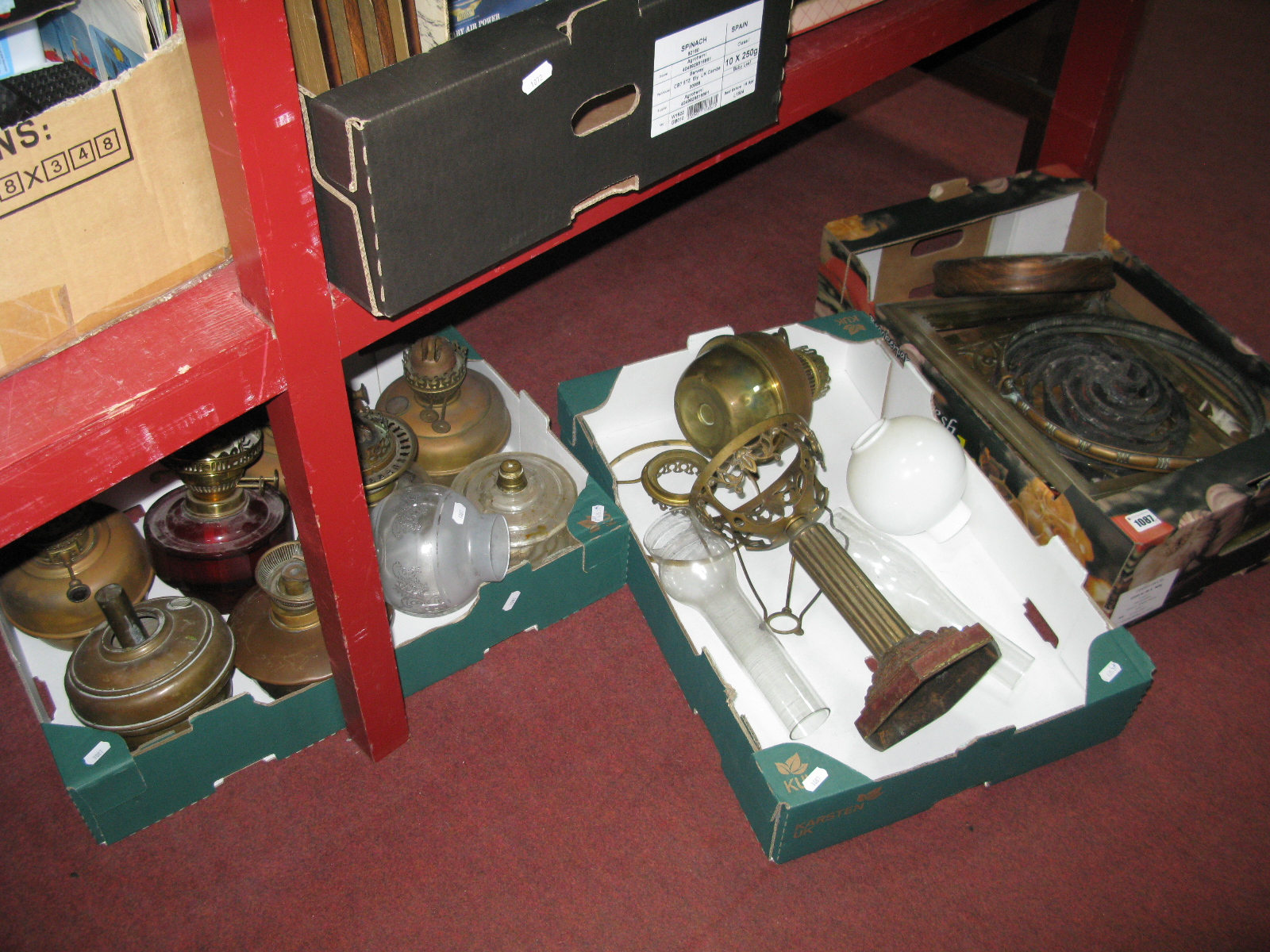 *WITHDRAWN* Early XX Century Brass Oil Lamp Wells, glass funnels, brass frame, etc:- Three Boxes