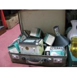 A Mid XX Century Suitcase, containing Vega 342 TV, projector lamps, desk lamp, motor, Gem Pathescope