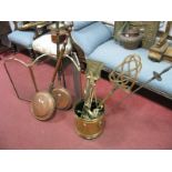 Brass Fine Irons, coal bucket, folding fire screen and two copper warming pans.