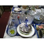 Cut Glass Decanter, cut glass vase, ship in bottle, cabinet plates:- One Tray