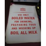 A Qauntity of WWII Era Govt Ministry Posters 'Use Only Boiled Water' (printed for H.M. Stationary