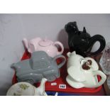 Carlton Ware Novelty Teapots, of pink elephant and black cat, two unstamped examples:- One Tray