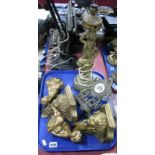 Pair of Gilt Cherub Wall Shelves and Finial's, mantel clock, table lamp:- One Tray