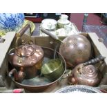 A Victorian Copper Kettle, swan neck spout and acorn finial, copper circular pan, brass pan,