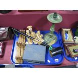 1930's Make Up Set, Shalelagh, pear toys, folding hat rack, candlestick:- One Tray