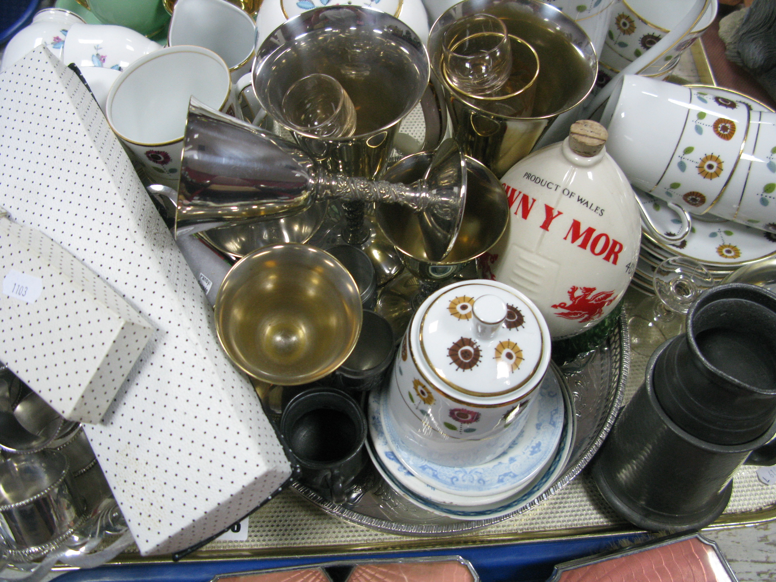 A Silver Handled Cake Slice, cheese knife, plated goblets, napkin rings; three XVIII Century English