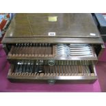 Walker and Hall Plated Oak Cased Canteen of Cutlery, with a fitted interior, two drawers (game