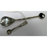 A Hallmarked Silver Spoon, with circular Blue John panel finial; together with a "Sterling" salt