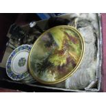 Crown Ducal Plates, with raised floral decoration, fur stoles, painted cabinet plate with country