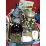 Oval Copper Pan, brass chestnut roasters, candlesticks, kettle, horse brasses, cabinet plates, mugs,