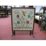 Oak Fire Screen/Table, with needlework inset panel; Wadsley Lane print. (2)