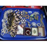 Assorted Costume Brooches, bead necklaces, etc:- One Tray