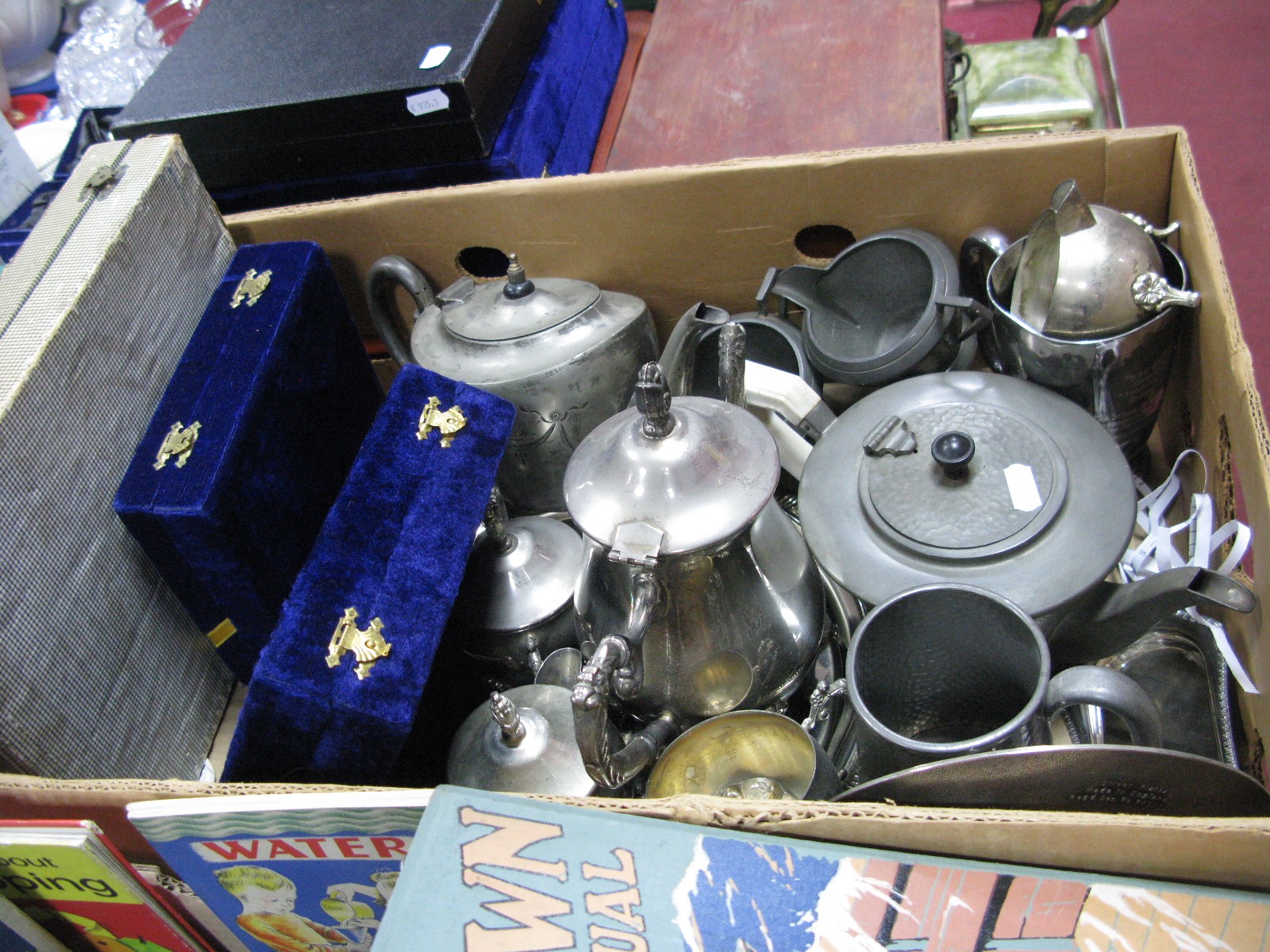 Electroplated Cutlery, cased goblets and wines, canteens containing loose cutlery, hammered pewter