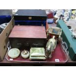 Thimbles, cottons, etc. in box, onyx smokers items, brass horse and cart, books:- One Tray