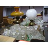 Decanters, other glassware:- One Box two brass oil lamps.