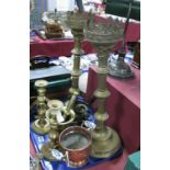 A Pair of XX Century Brass Pricket Candlesticks, XIX Century brass pestle and mortar, etc:- One