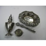 A Hallmarked Silver Bonbon Dish, of shaped pierced design; together with a pepperette, a pill box,