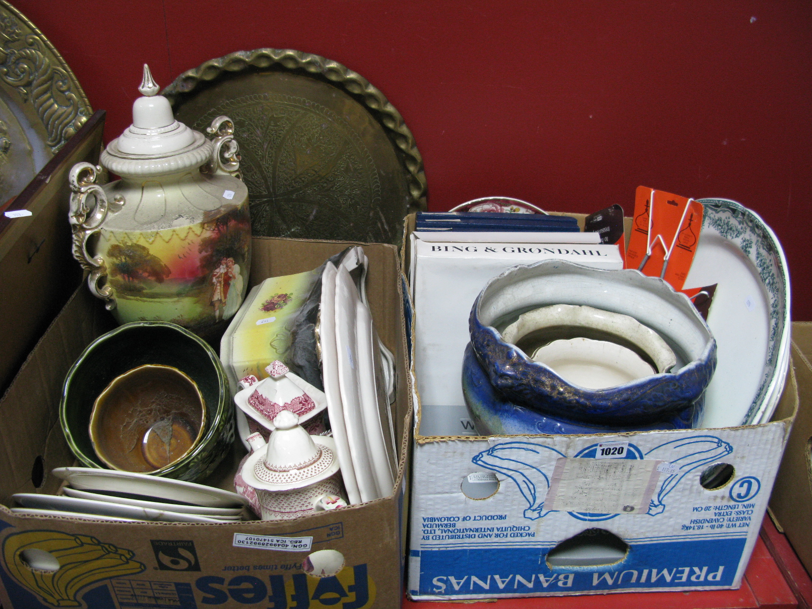 Meat Plates, jardinieres, collectors plates, Rington's Tea plates, urn on stand etc:- Two Boxes