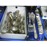 Elkington Dessert Knives and Forks, mother of pearl handled and other cutlery:- One Tray