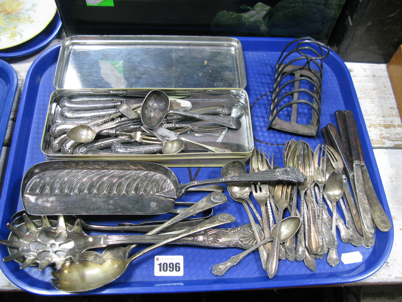 A Pistol Shaped Knife, fork, silver hallmarked feeding spoon, plated crumb tray, toast rack, etc:-