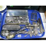 A Pistol Shaped Knife, fork, silver hallmarked feeding spoon, plated crumb tray, toast rack, etc:-