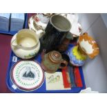 XVIII Adam Clarke Pottery Wall Plaque (damages), terracotta teapot, water jug, streaked jug,