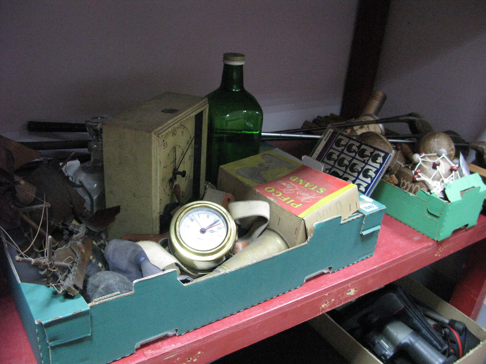 Two Mid XX Century Artists Wooden Easels, Pifco hair dryer stand (boxed), Kodak Ltd timing clock,